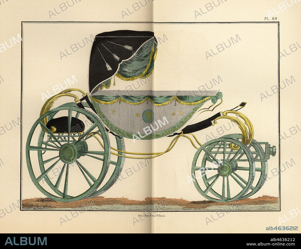 Marie Antoinettes four-wheel barouche carriage for a promenade. Caleche pour la promenade. Hand-coloured lithograph from Fashions and Customs of Marie Antoinette and her Times, by Le Comte de Reiset, Paris, 1885. The journal of Madame Eloffe, dressmaker and linen-merchant to the Queen and ladies of the court.