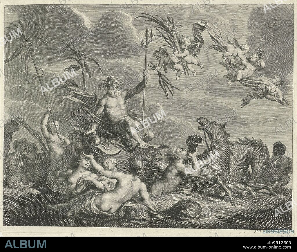 Neptune subdues the Flood, Philip van Gunst, after Abraham Bloemaert, after Jacob de Wit, after Godfried Maes, 1685 - 1732, Neptune and his retinue emerge from the sea. Neptune is seated on a shell pulled by seahorses. In the sky, several putti are flying. Neptune puts an end to the flood that plagued the world., print maker: Philip van Gunst, (mentioned on object), intermediary draughtsman: Abraham Bloemaert, intermediary draughtsman: Jacob de Wit, Amsterdam, 1685 - 1732, paper, etching, engraving, h 174 mm × w 222 mm.