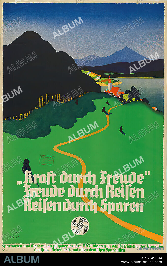 Jupp Wiertz, Kraft durch Freude - Freude durch Reisen, Reisen durch Sparen, Paper, Lithography, Total: Height: 96,5 cm; Width: 63,5 cm, signed: recto u. li. Print: JUPP WIERTZ, Politik/Soziales/Zeitgeschehen (Plakate), Tourismusplakate, Reisen/Tourismus, Gesellschaft, Organisation.