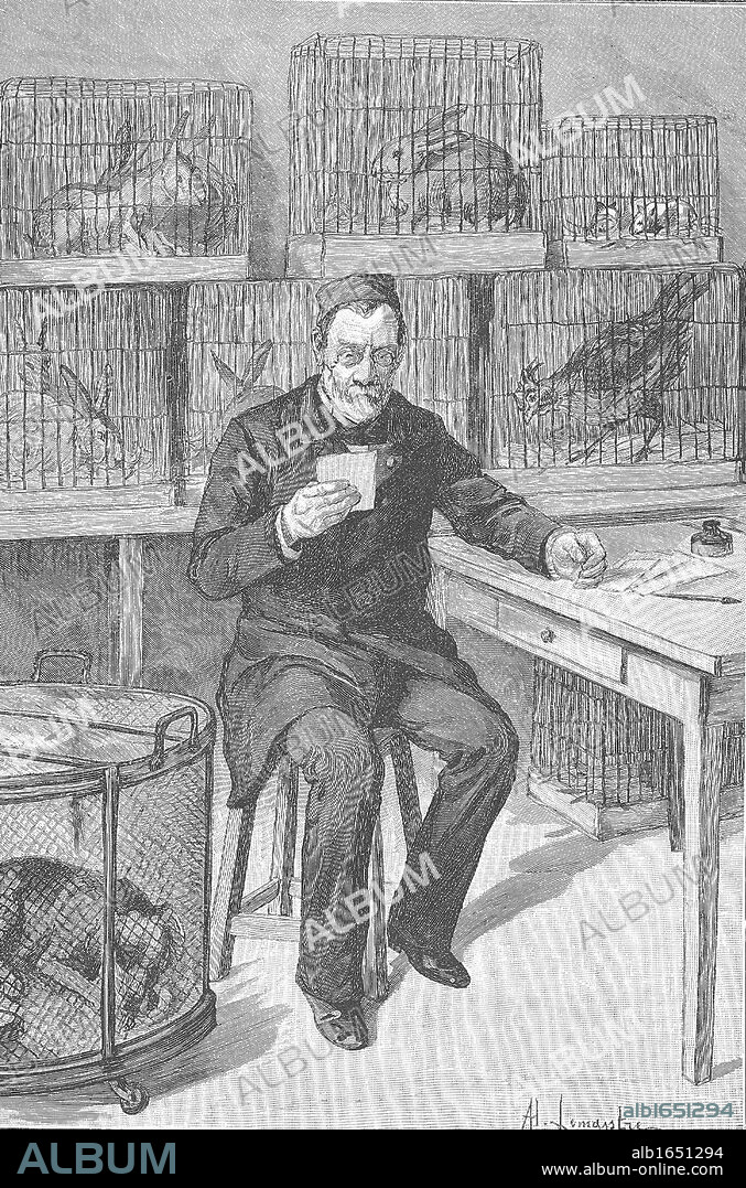 Louis Pasteur (1822-1895) French chemist, in his laboratory at the Ecole Normale, Paris, during his work on hydrophobia.  Around him are cages full of the animals he used during his experiments.  From Le Journal de la Jeunesse Paris, 1893.