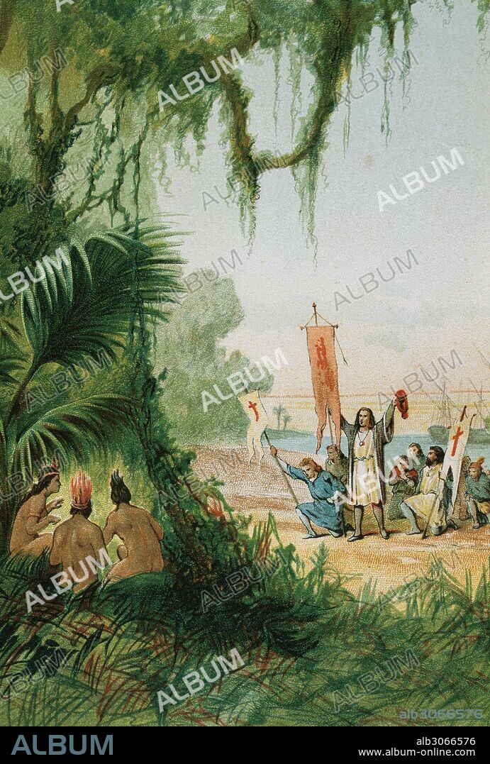 COLON, Cristóbal (Génova,1451-Valladolid,1506). Navegante al servicio de los Reyes Católicos. Descubridor de América. "DESEMBARCO DE COLON EN LA ISLA DE SAN SALVADOR (GUANAHANI), el 12 de octubre de 1492". Tomando posesión en nombre de los Reyes Católicos de la nueva tierra descubierta. Ilustración del año 1878.