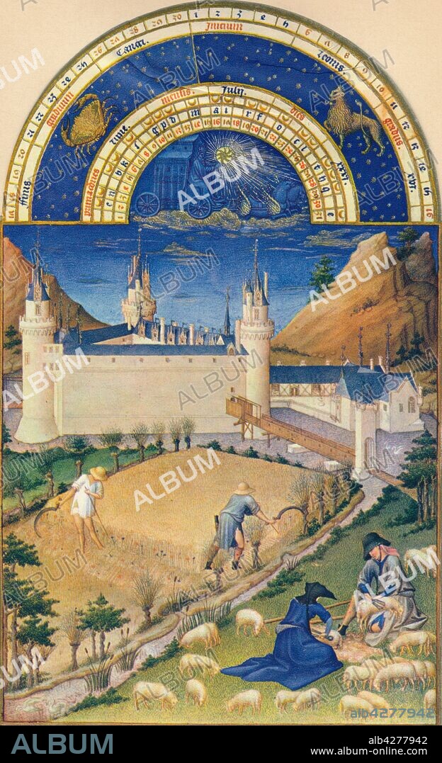 PAUL LIMBOURG. July - the Château at Poitiers, 15th century, (1939). 'Juillet - Le Chateau De Poitiers'. Farm workers harvesting wheat with scythes and shearing sheep. In the background the river Boivre empties into the Clain. A wooden bridge leads to the triangular Château de Poitiers, at Poitiers in western France, which was built for Jean de Berry. A page from the "Très Riches Heures du Duc de Berry", a book of hours produced for Jean, Duc de Berry and commissioned from the Limbourg brothers. Made between c1412 and 1489, and regarded as one of the finest examples of European manuscript illumination, it is held at the Musee Condé, Chantilly, France. Published in "Verve - No. 7, Vol. II". [Verve, France, 1939].