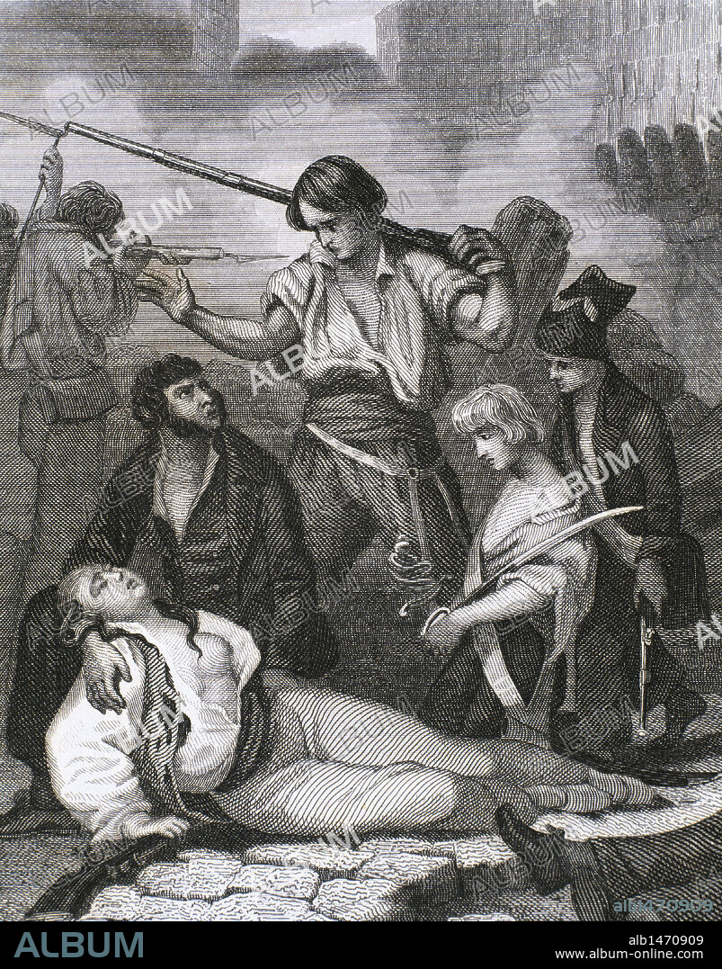 FRANCIA. REVOLUCION de 1848. Grabado del S. XIX donde se representa la REVOLUCION DE FEBRERO (22/24 febrero 1848), en la que se alzaron estudiantes, trabajadores y guardia Nacional para forzar la abdicación del rey y proclamar la II República.