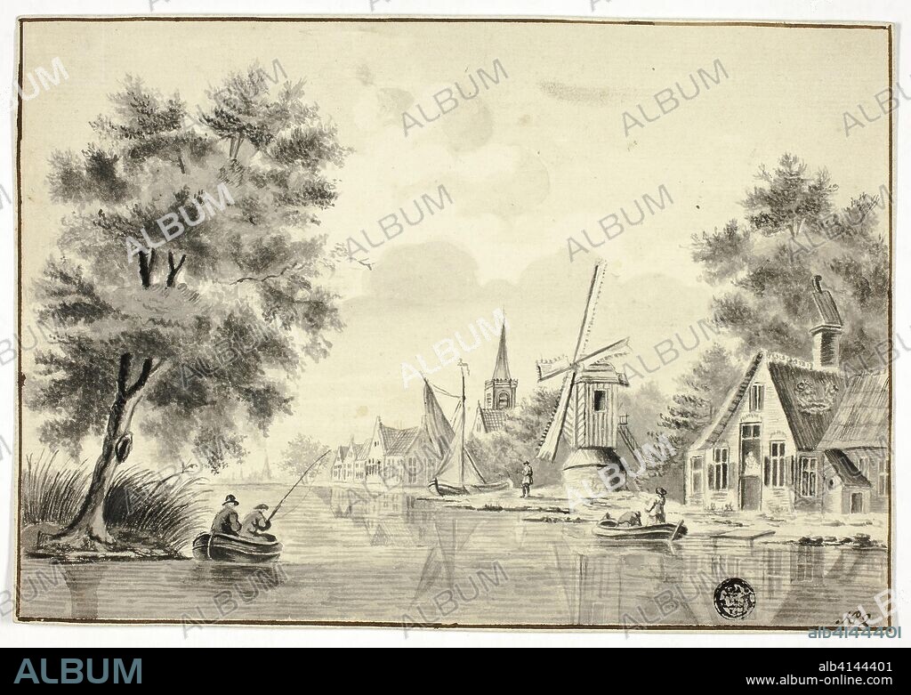 Houses and Windmill Beside Canal. After Isaac van Ketweg; Dutch, c. 1732-1787. Date: 1758-1800. Dimensions: 150 × 216 mm. Pen and black ink and brush and gray and pale brown wash, over traces of graphite, on ivory laid paper. Origin: Holland.