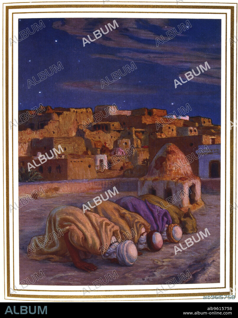 La prosternation (La priere)' ('Prayer of Prostration'), 1918. From La Vie de Mohammed, prophete d'Allah (The Life of Mohammed, Prophet of Allah) by Etienne Dinet and Sliman Ben Ibrahim. (1918).