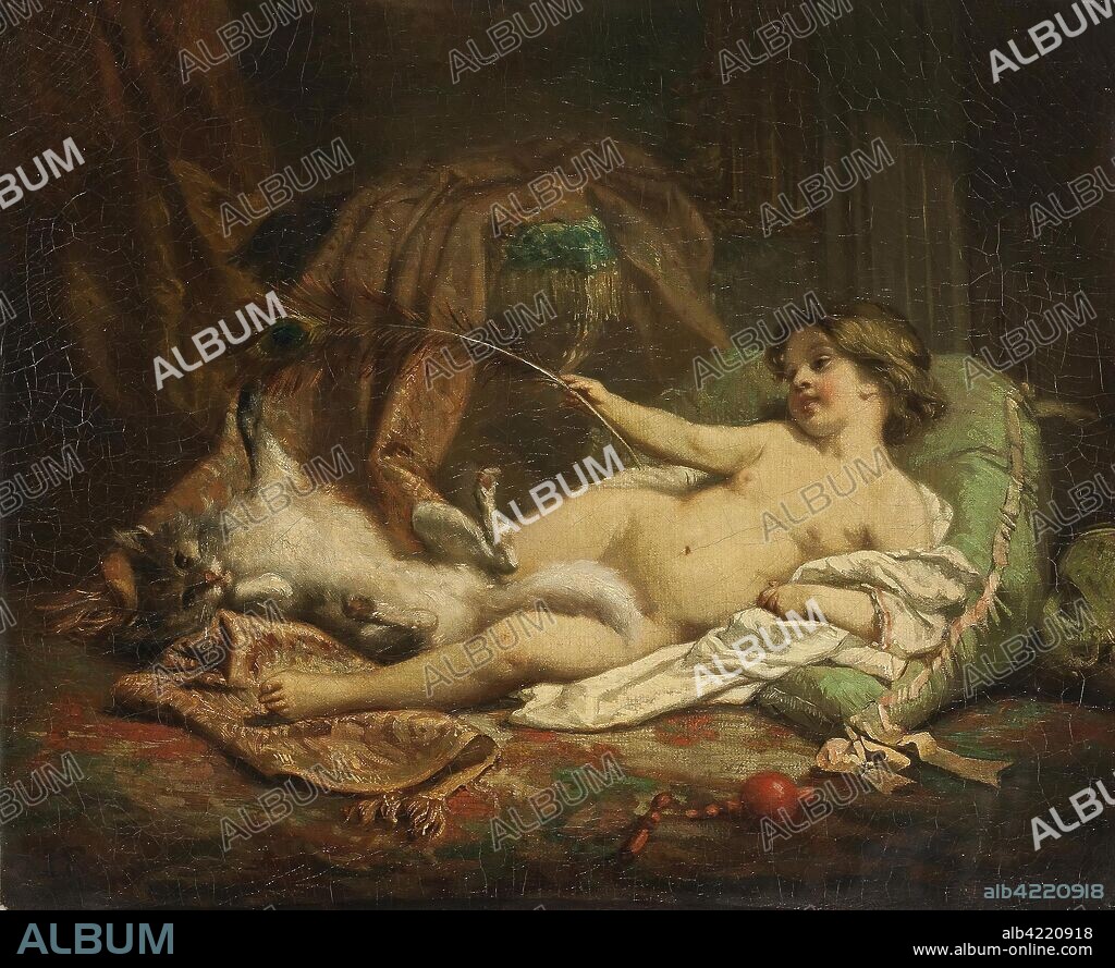 LOUIS GABRIEL EUGèNE ISABEY. 'Girl with a Cat'. France, 19th century. Dimensions: 38x46 cm.