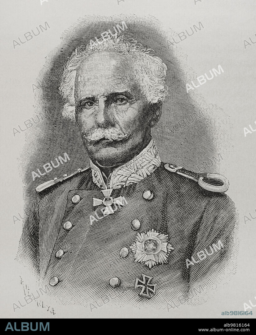 Jacob von Hartmann (1795-1873). Bavarian general. Took part in the Austro-Prussian War (1866) and the Franco-Prussian War (1870-1871). Portrait. Engraving. "Historia de la Guerra Franco-Alemana de 1870-1871". Published in Barcelona, 1891.