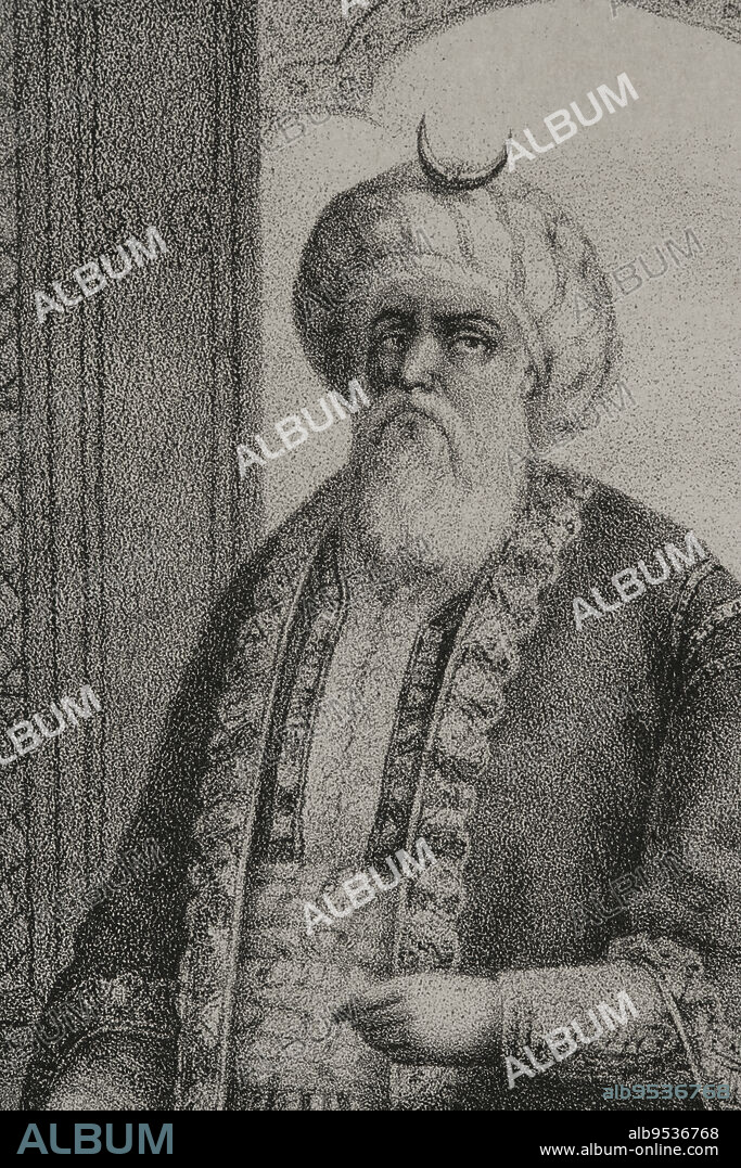 Muley Abderrahman (1778-1859). Emir de Marruecos (1822-1859). Dinastía Alauita. Retrato. Litografía por Martínez y M. Iglesias. Detalle. Reyes Contemporáneos. Tomo I. Publicado en Madrid, 1855.