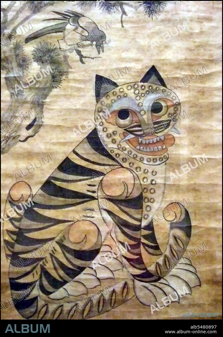 In this traditional depiction, the Korean magpie or Minhwa sits in a pine tree and calls to a tiger below. In Korean folklore, both magpie and tiger are bearers of good tidings. The gods send messages to the magpie, who passes them along  to the tiger. The tiger is a messenger from the mountain spirits and a friend to mankind.