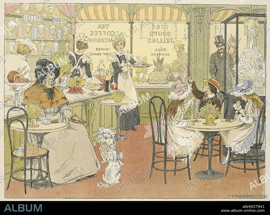 EDWARD VERRALL LUCAS y F. D. BEDFORD. Inside a cafe. The Story-Teller. A volume of original pictures, stories, and verses ... Edited and arranged by A. J. Fuller. London; printed in Bavaria : E. Nister, [1899]. Source: 12809.t.46 opposite page 3.