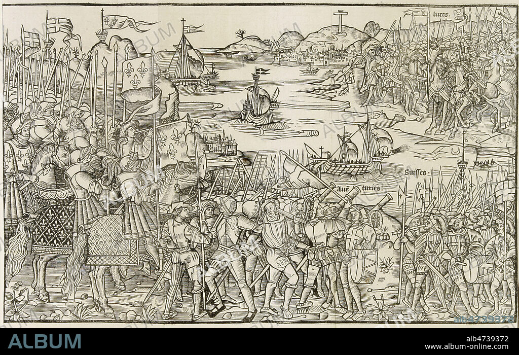 LOUIS XI debarquant a Damiette, en Egypte, lors de la 7eme croisade en 1249. Gravure in Le grant Voyage de Hierusalem divise en deux parties. En la premiere est traicte des peregrinations de la saincte cité de Hierusalem... En la seconde... des Croises et entreprinses faictes par les roys et princces chrestiens... Des guerres des Turcs et Tartarins, La prinse de Constantinople, du siege de Rhodes, La prinse de Grenade... 1522, 16eme siecle. Bernhard von Breydenbach, doyen de la Cathedrale Saint-Martin de Mayence (1440-1497). En 1483 voyage à Jerusalem ,il publie  : peregrinatio in terram sanctam en latin à Mayence, 1486, in-folio. Veritable encyclopedie des des croisades et des voyages en Orient. Incunable 15eme 16eme siecle. Gravure representant les Turcs , un bras de mer, Jerusalem. Credit MIGNY/KHARBINE TAPABOR.