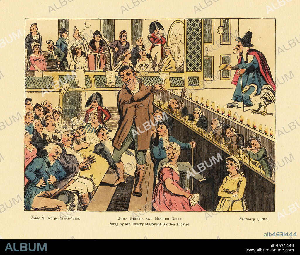 Popular Regency actor John Emery singing the comic song John Grouse and Mother Goose at Covent Garden Theatre, London, 1808. The actor sings in the stalls in the audience, while the orchestra plays in the pit, and a witch-like Mother Goose acts on stage. Handcoloured copperplate engraving by Isaac and George Cruikshank from The Cruikshankian Momus, Pictorial Broadsides and Humorous Song-Headings, John C. Nimmo, London, 1892.