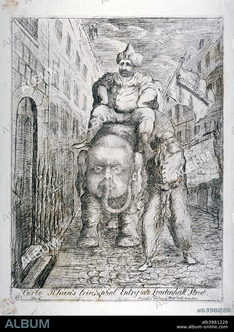 'Carlo Khan's triumphal entry into Leadenhall Street', 1783. An Indian potentate sitting astride an elephant with human face and trunk. This is a satire on Charles James Fox's India Bill.