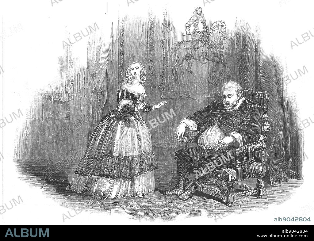 Il masnadieri (The Brigands) opera by the Italian composer Guiseppe Verdi (1813-1901), libretto by A Maffei based on Schiller's 'Die Rauber'. Jenny Lind (1820-1887), Swedish soprano, and Luigi Lablache (1794-1858), Italian buffo bass, in the first performance of the work: Her Majesty's Theatre, London. Wood engraving from 'The Illustrated London News', 31 July 1847 .