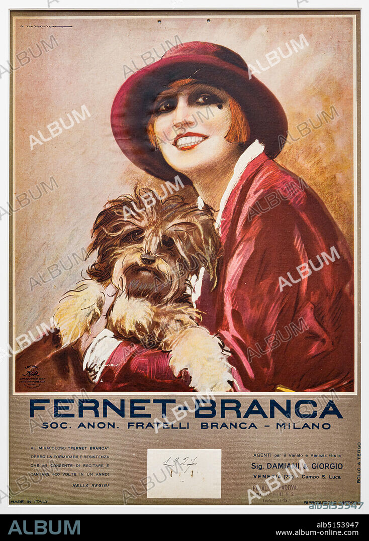 Fernet Branca. Nella Regini with a dog in her arms, Illustration by Marcello Dudovich, 1926, chromolithography on paper.
