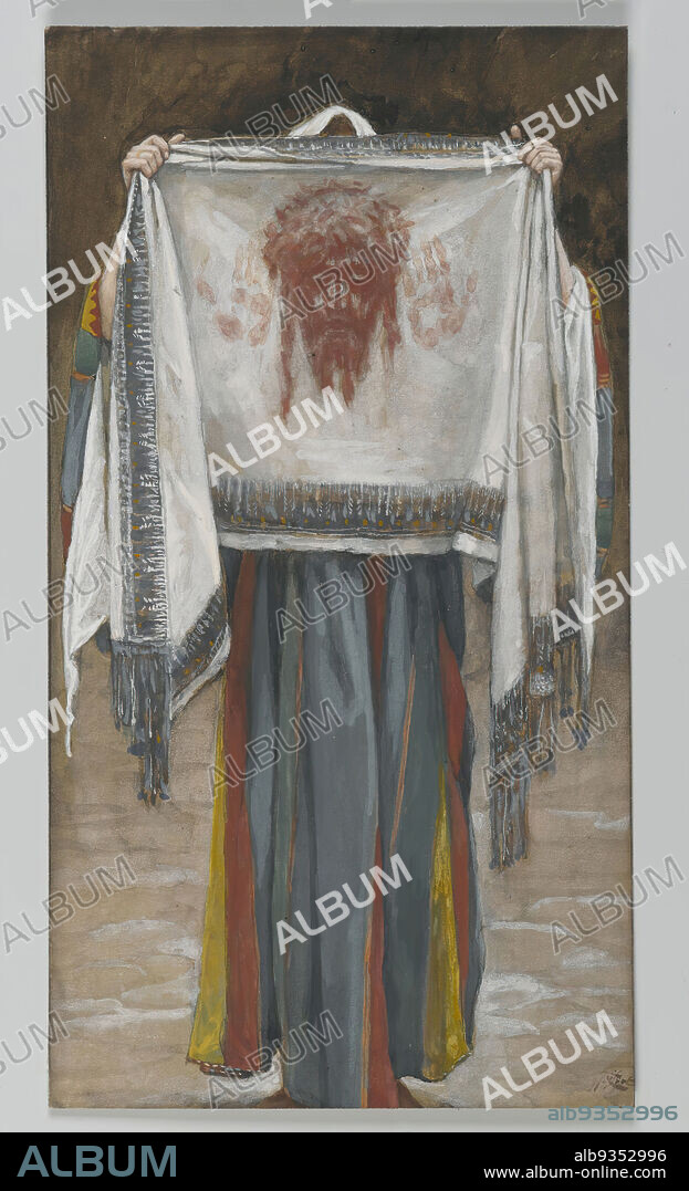 The Holy Face, La sainte face, The Life of Our Lord Jesus Christ, La Vie de Notre-Seigneur Jésus-Christ, James Tissot, French, 1836-1902, Opaque watercolor over graphite on gray wove paper, France, 1886-1894, Image: 8 3/8 x 4 9/16 in., 21.3 x 11.6 cm, Bible, Biblical, blood, bloody, Catholicism, Christ, European, face, face of christ, faceless, France, hands, holy face, impression, Jesus, Messiah, New Testament, relic, Religion, Religious, robes, shroud, station, Stations of the Cross, Tissot, veil, Veronica.