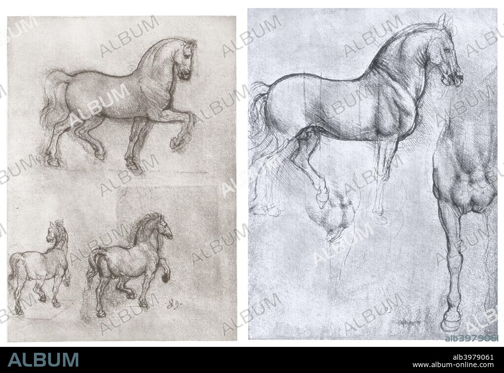 'Horses', c1490-1510. Left: 'Three Horses', c1508-1510; right: 'Two Horses', c1490, both studies for the Trivulzio Monument and found in the collection of the Royal Library, Windsor Castle, Windsor, England.