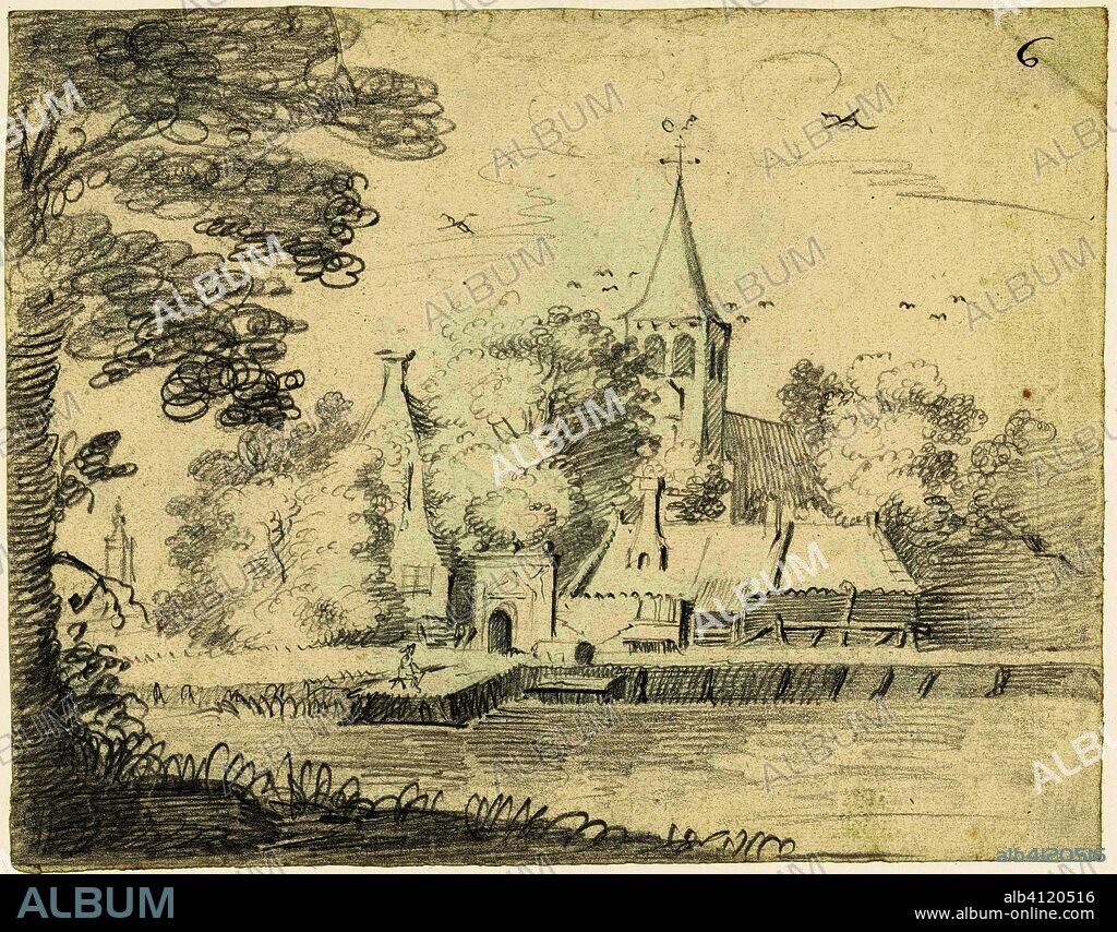 Landscape with a church behind houses along a river. Artist: Jan van de Velde (II). Draughtsman: Gerard ter Borch (II) (possibly). Draughtsman: Anna ter Borch (possibly). Draughtsman: Gesina ter Borch (possibly). Draughtsman: Harmen ter Borch (possibly). Draughtsman: Moses ter Borch (possibly). Dating: 1617 - 1690. Place: Zwolle. Measurements: h 163 mm × w 209 mm.