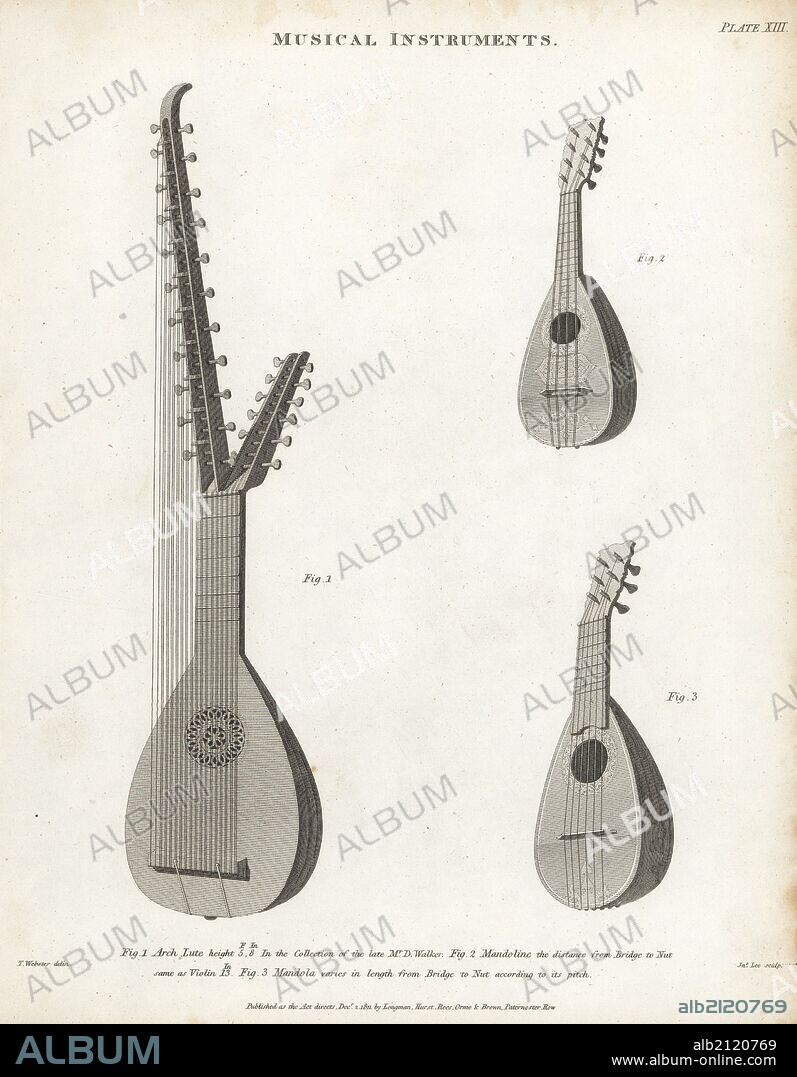 Arch lute (1), mandolin (2) and mandola (3). Copperplate engraving by John Lee after a drawing by T. Webster from Abraham Rees' Cyclopedia or Universal Dictionary of Arts, Sciences and Literature, Longman, Hurst, Rees, Orme and Brown, London, 1820.