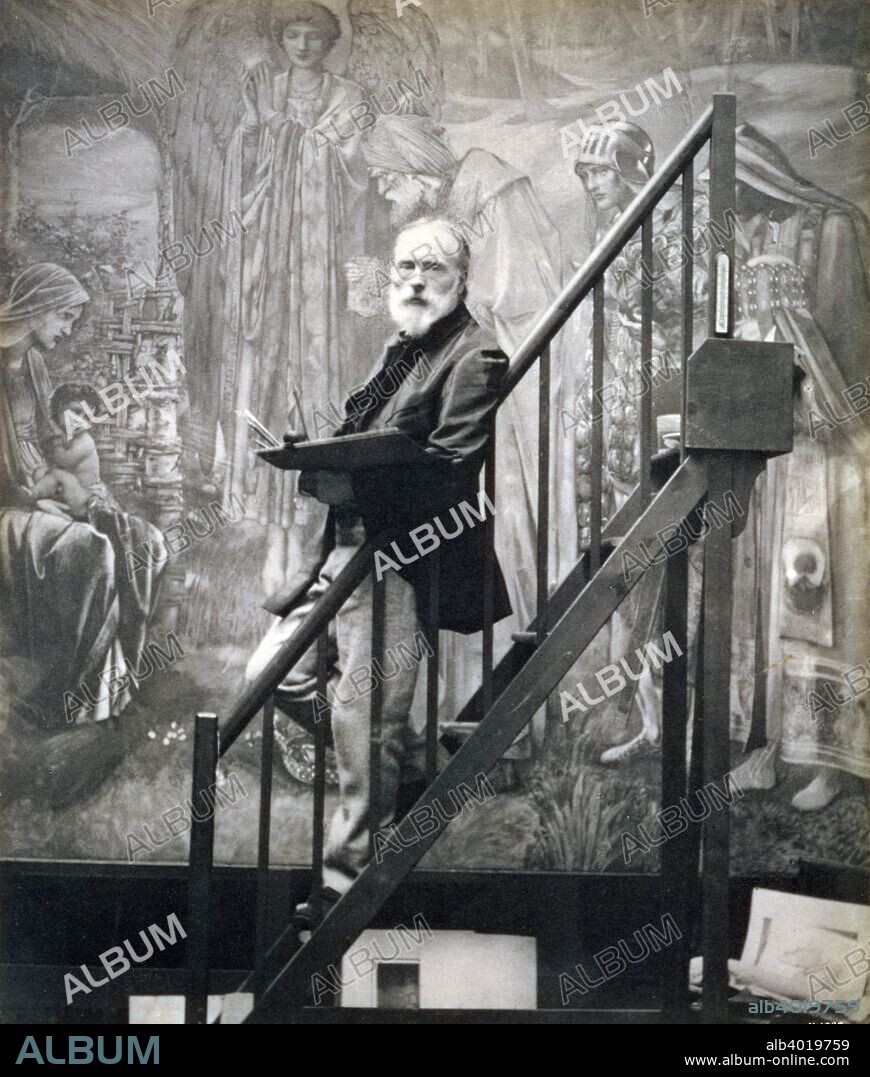 Sir Edward Burne-Jones, English artist, 1890. Burne-Jones (1833-1898) painting 'The Star of Bethlehem' in his studio. One of the second wave of Pre-Raphaelite painters and initially much influenced by William Morris and Dante Gabriel Rossetti, Burne-Jones gave up his plans to enter the priesthood to become a painter in the late 1850s.
