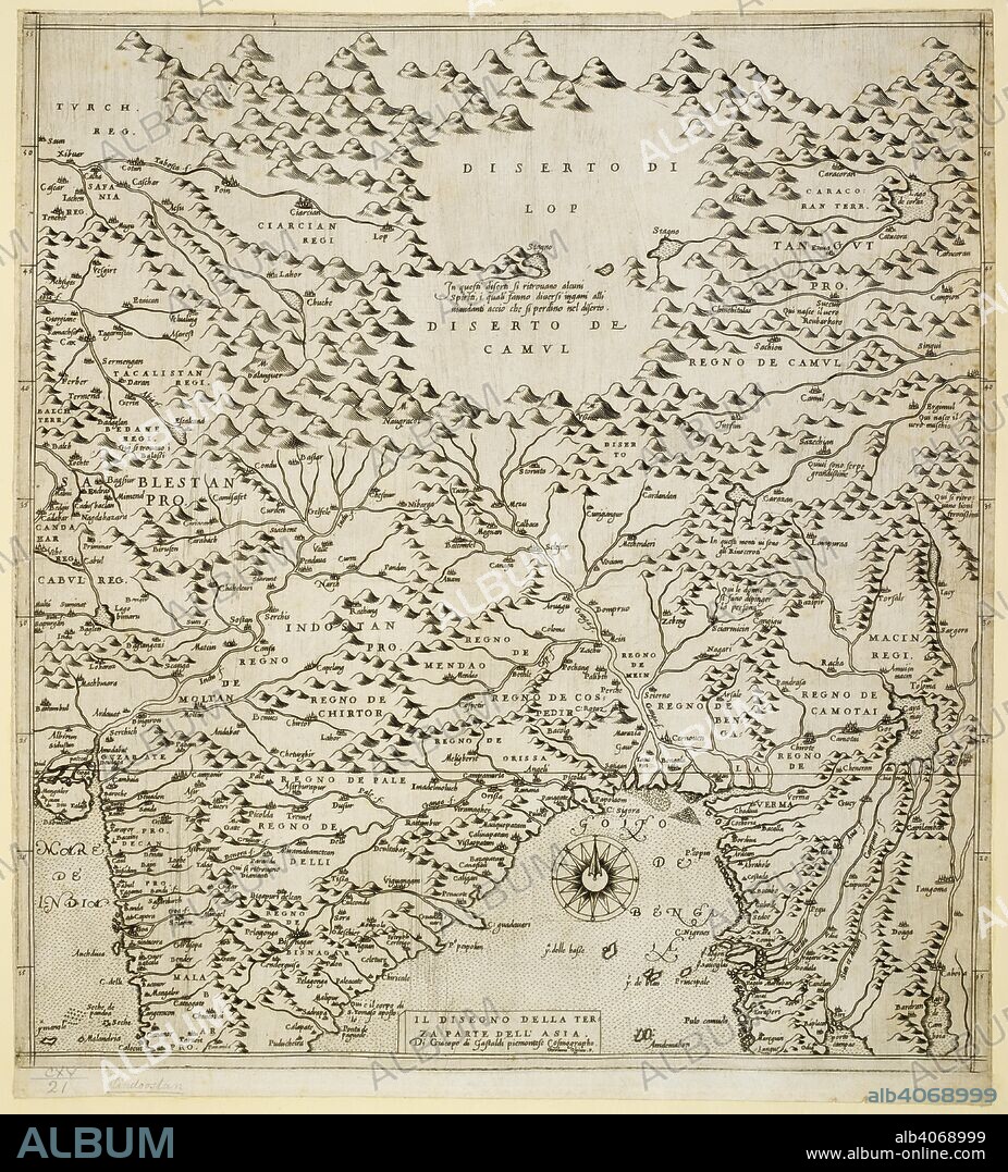 GIACOMO DI GASTALDI. A map of part of Asia. Il disegno della terza parte dell' Asia ... di G. di Castaldi ... Scala de miglia 300 Italiane[= 42 mm.]. Venetia, 1561. Source: Maps K.Top.115.21. Language: Italian.