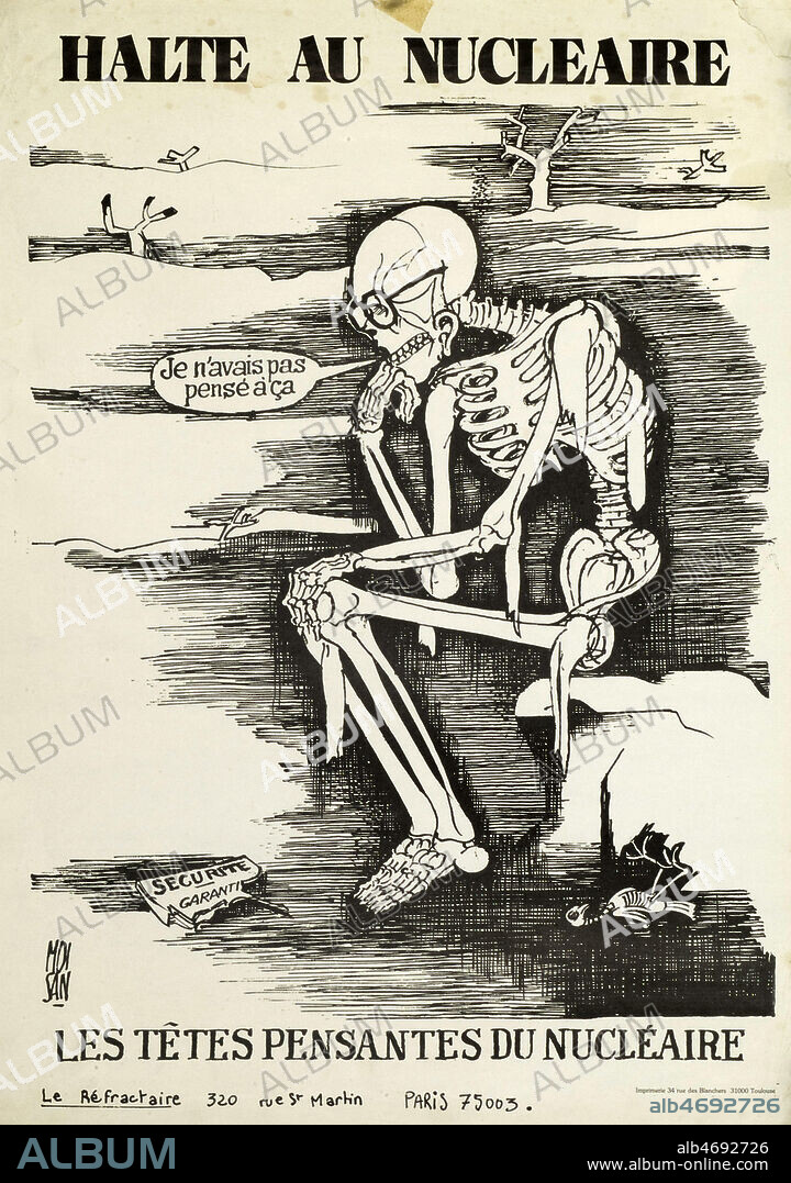 ROLAND MOISAN. 'Halte au nucleaire. Les tetes pensantes du nucleaire'. Caricature de MOISAN (1907-1987=ADAGP) pour une affiche vers 1975. Reserver des droits. Credit : Coll. Dixmier/Kharbine-Tapabor.