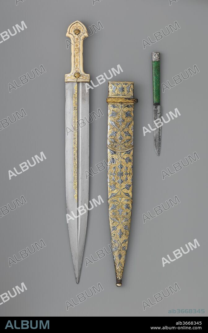Dagger (Qama) with Sheath and Knife. Culture: Caucasian. Dimensions: Dagger (a); L. with sheath 19 1/4 in. (48.9 cm); L. without sheath 19 1/16 in. (48.4 cm); L. of blade 14 3/4 in. (37.5 cm); W. 1 3/4 in. (4.5 cm); D. 15/16 in. (2.4 cm); Wt. 12.8 oz. (362.9 g); Wt. of sheath 4.5 oz. (127.6 g); knife (c); L. 7 1/2 in. (19.1 cm); L. of blade 3 11/16 in. (9.4 cm); W. 9/16 in. (1.4 cm); D. 5/16 in. (0.8 cm); Wt. 0.8 oz. (22.7 g). Date: dated, 1856-57, 1861.