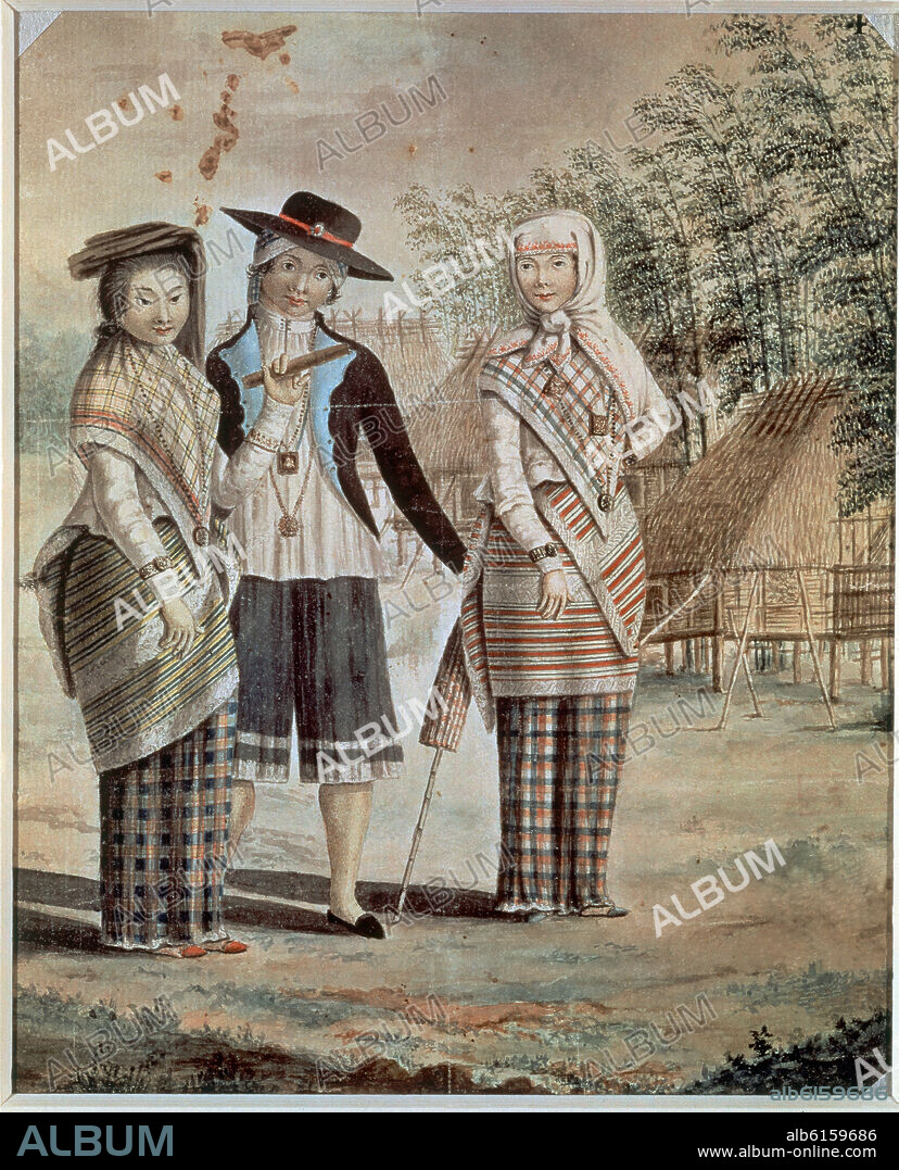JUAN RAVENET (1766-1821). MESTIZOS DE MANILA - ISLAS FILIPINAS - PLUMA Y AGUADA DE COLORES - SIGLO XVIII - EXPEDICION MALASPINA.