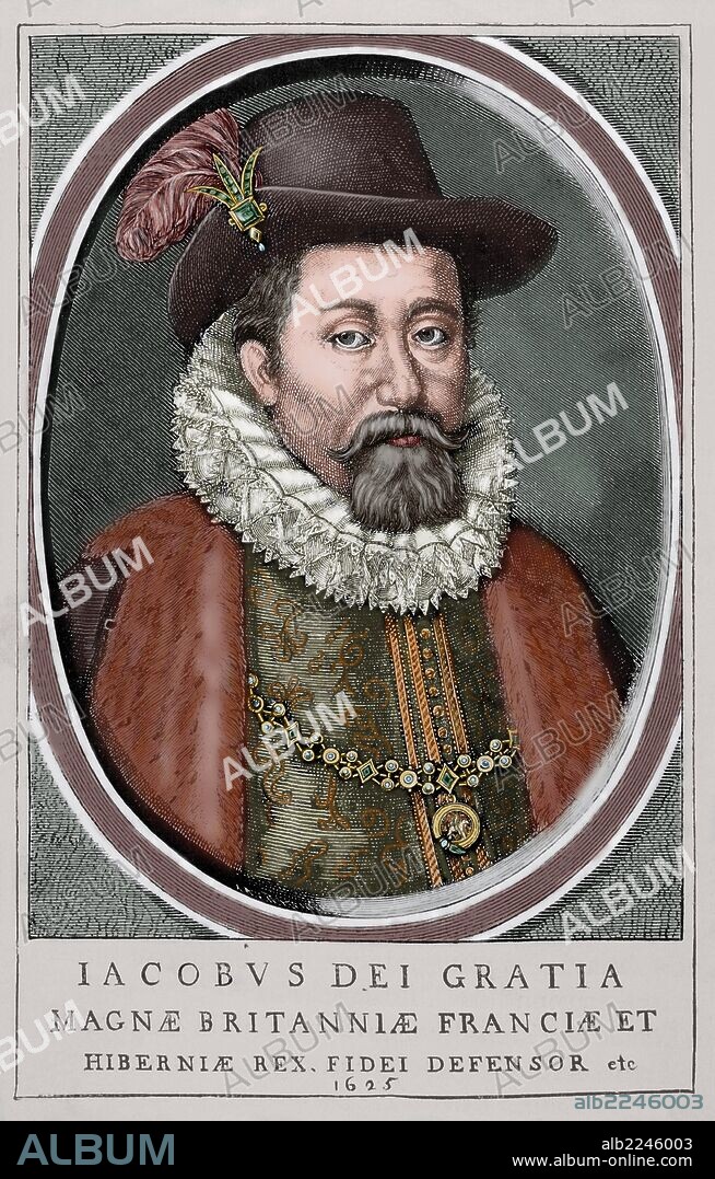 Jacobo Carlos Estuardo (1566-1625). Rey de Escocia como Jacobo VI desde el 24 de julio de 1567 hasta su muerte, y rey de Inglaterra e Irlanda como Jacobo I desde el 24 de marzo de 1603 hasta su muerte. Copia de un grabado de época.