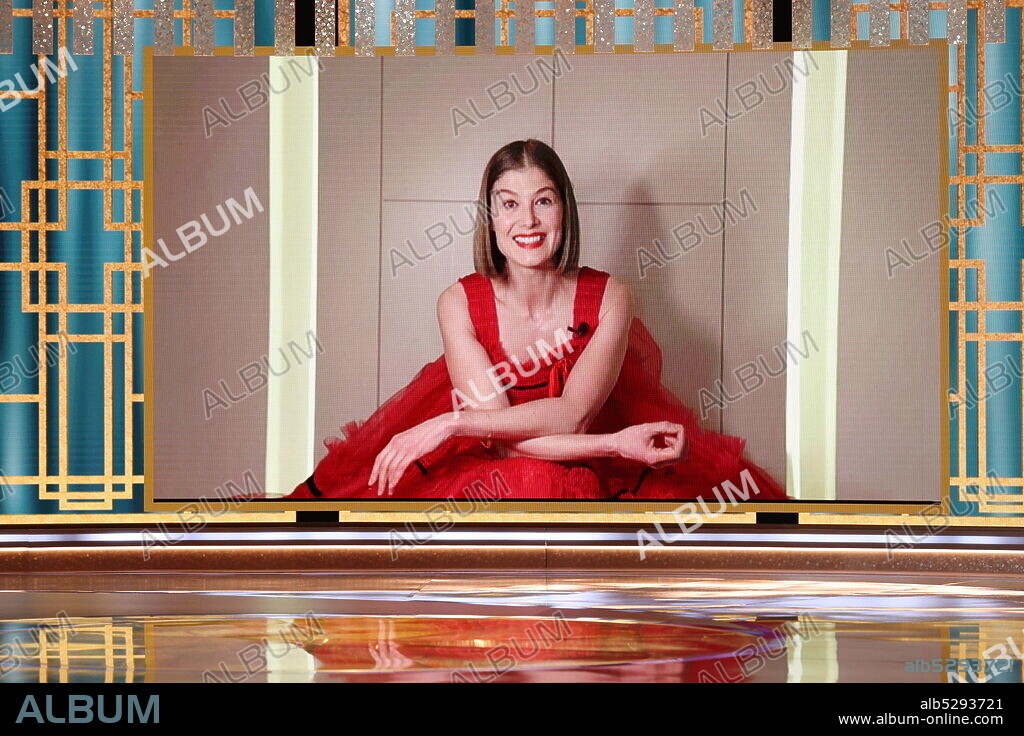 February 28, 2021, Beverly Hills, California, USA: ROSAMUND PIKE accepts the Best Actress - Motion Picture Musical/Comedy award for I Care a Lot via video at the 78th Annual Golden Globe Awards held at the Beverly Hilton Hotel. (Credit Image: © Christopher Polk//NBC via ZUMA Wire).