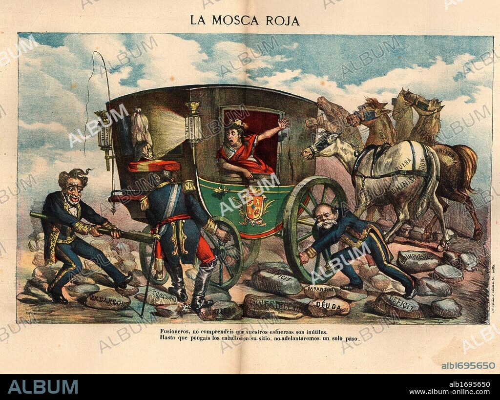 Dibujo político satírico de la época sobre la política aparecido en La Mosca Roja, número 21, época 2ª. Barcelona, 19 agosto 1882.