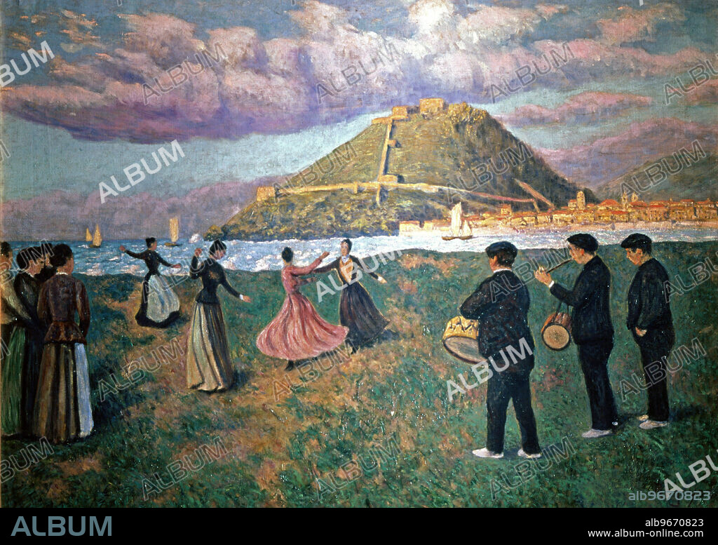DARIO DE REGOYOS. REGOYOS , DARIO. PINTOR ESPAÑOL .RIBADESELLA 1857 - 1913. " BAILE AL ATARDECER " , OLEO SOBRE LIENZO 1888.