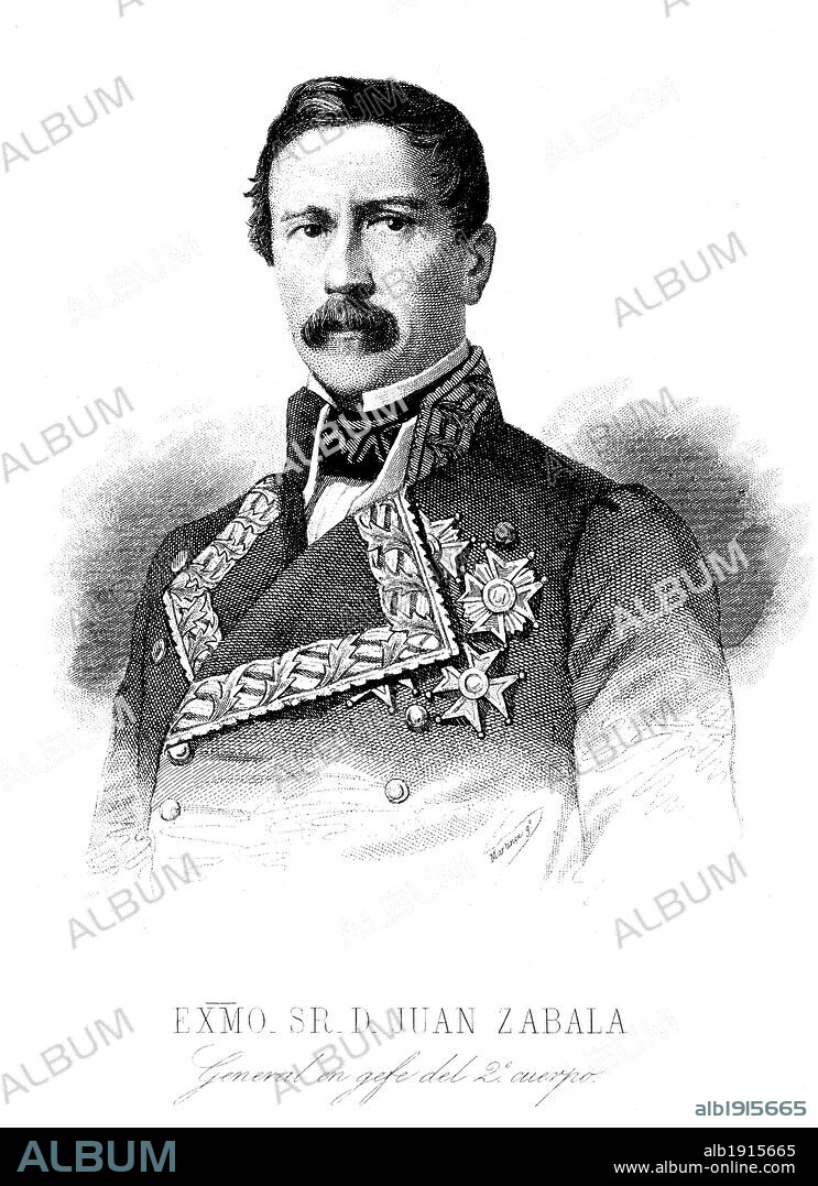 Personajes. General Juan de Zabala y de la Puente (Lima, 1804-Madrid, 1879), conde de Paredes de Nava. Militar y político española nacido en Perú. General en jefe del 2º cuerpo del ejército. Guerra de África. Grabado de 1860.