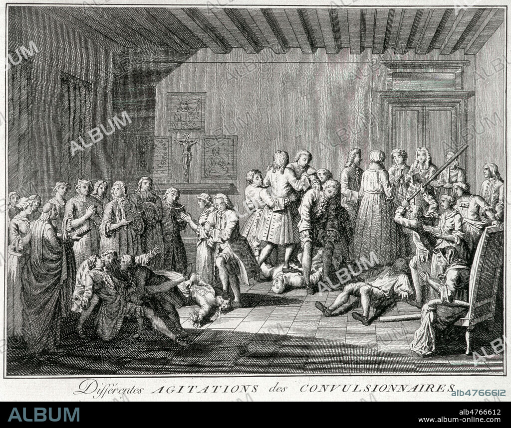 Cimetiere de Saint Medard: differantes agitations des convulsionnaires. Gravure de 1808 dans Ceremonies et coutumes religieuses de tous les peuples de Bernard PICART (1673-1733). Credit: Collection KHARBINE-TAPABOR.
