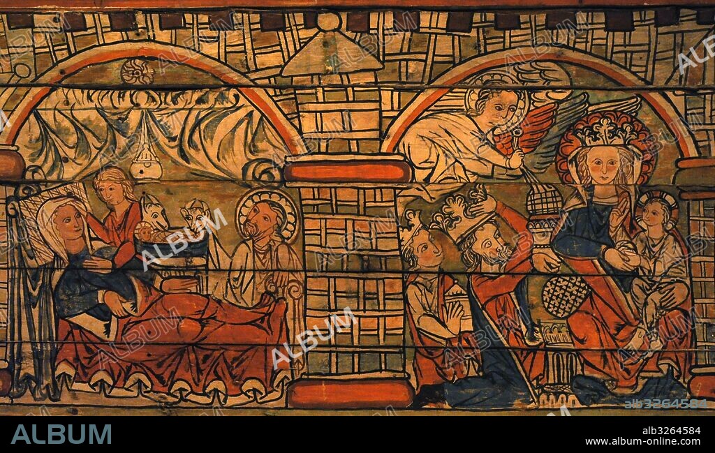 Arte medieval. Techo pintado de una "Stavkirke", iglesias medievales de madera típicas del norte de Europa. Al, Hallingdal. Siglo XIII. La infancia de Cristo: Nacimiento de Jesús y Adoración. Museo de Historia (Historical Museum). Oslo. Noruega. Oslo. Noruega.