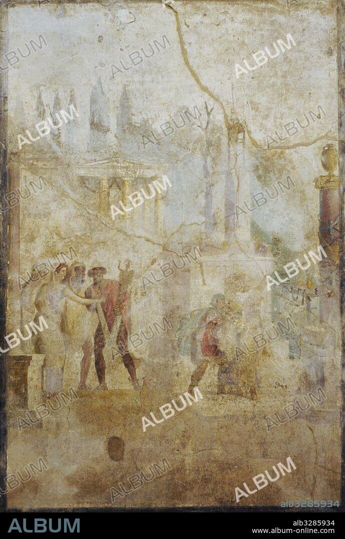Roman fresco depicting Ulysses carrying the Palladium (statue of Athena) that he has stolen from the temple. 1st century AD. Triclinium. House of the Actors or the Mimes. Pompeii. National Archaeological Museum. Naples. Italy.