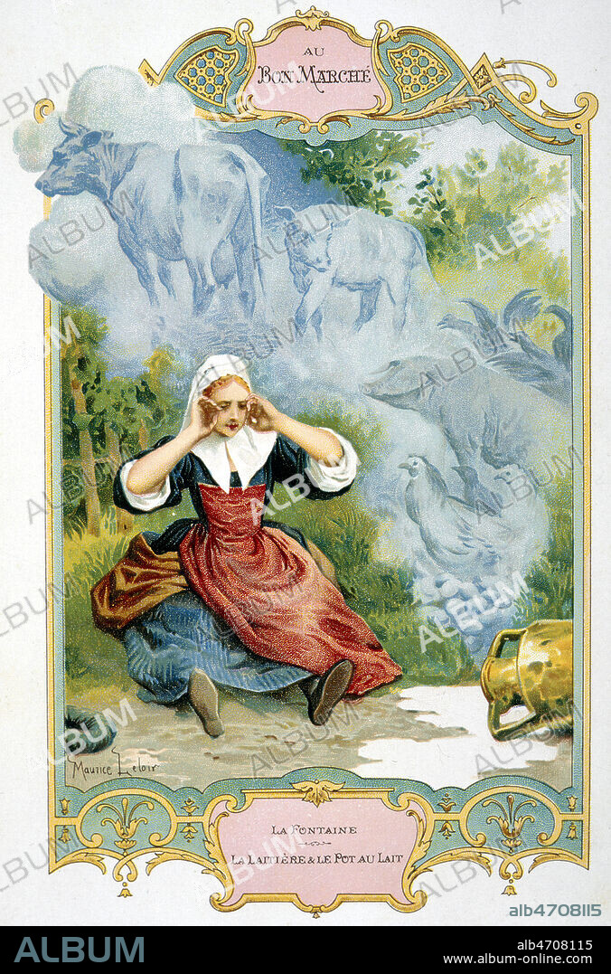 La Laitiere et le pot au lait. Chromo publicitaire vers 1900. Illustration Maurice LELOIR (1851-1940). Credit Collection Kharbine Tapabor.