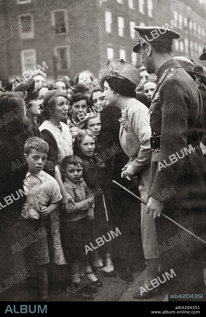 Queen Elizabeth visiting the people of London during World War Two.  Queen Elizabeth, The Queen Mother.  Elizabeth Angela Marguerite Bowes-Lyon, 1900 - 2002.  Wife of King George VI and mother of Queen Elizabeth II.
