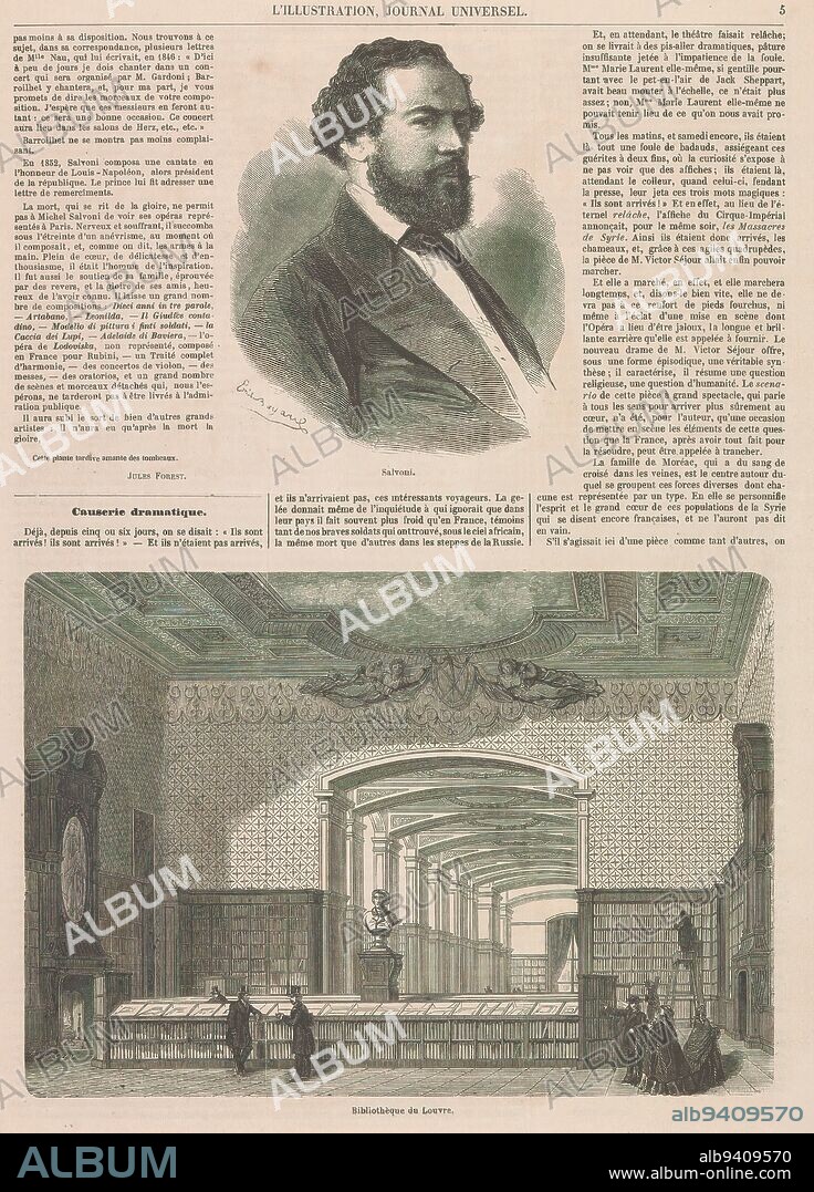 Portrait of composer Michele Salvoni and interior of the Bibliothèque du Louvre, Salvoni / Bibliothèque du Louvre (title on object), Text on verso., print maker: anonymous, after design by: Émile-Antoine Bayard, (mentioned on object), after design by: A. Leroux, (mentioned on object), in or after 1860, paper, height 376 mm × width 270 mm.