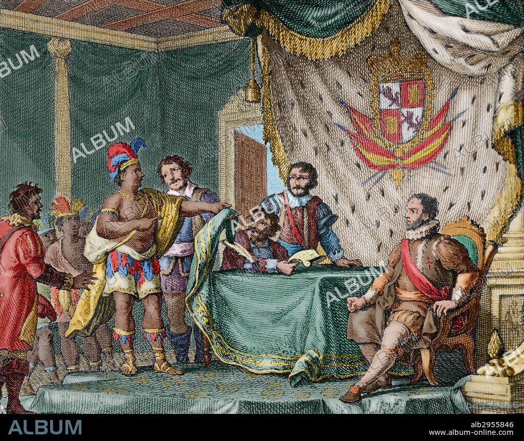 CONQUISTA DEL IMPERIO INCA O DEL PERU (siglo XVI). Tratado de sumisión de SAYRI TUPAC, hijo de Manco Capac II, monarca inca, ante Don Andrés Hurtado de Mendoza, III Marqués de Cañete (h.1516-1561), Virrey del Perú. Grabado coloreado del 1807.