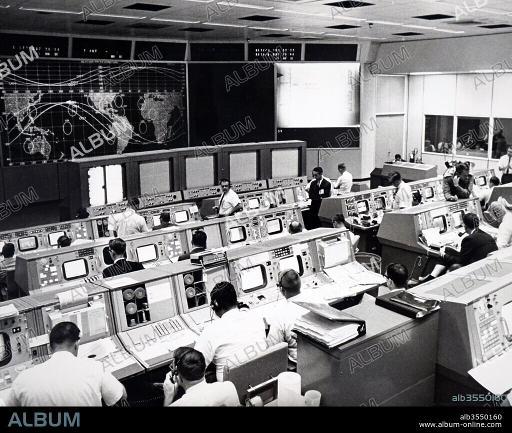 Photograph taken within the mission control room during the 2nd day of the Gemini V space flight, Houston, Texas. Dated 20th century.