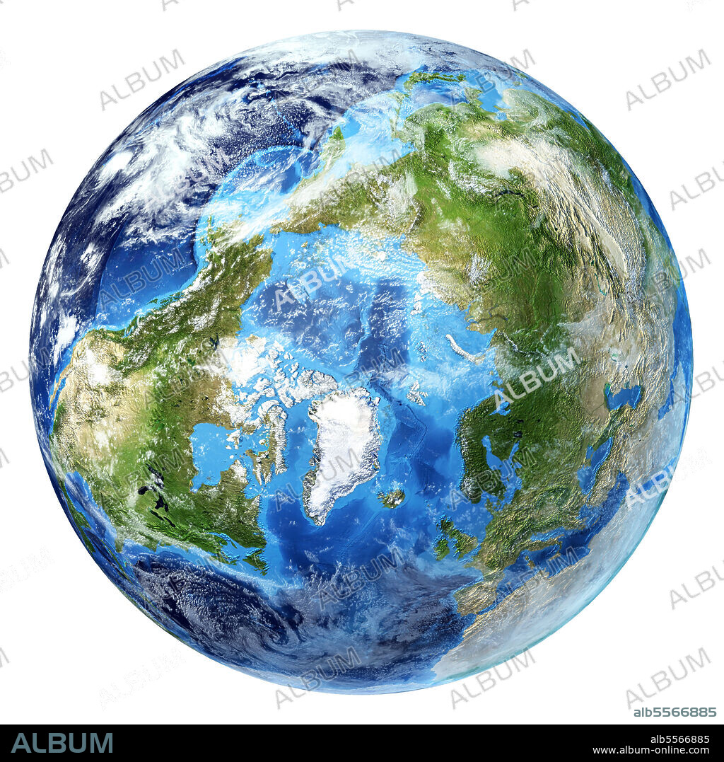 3D rendering of planet Earth with clouds, arctic view centered on North Pole.