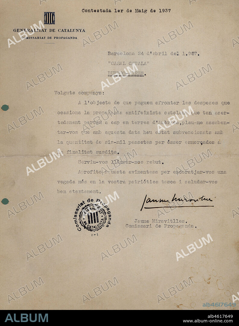 España. Guerra civil (1936-1939). Carta del Comisario de Propaganda de la Generalitat de Catalunya, Jaume Miravitlles, dirigida al Casal Català de Buenos Aires (Argentina) el 24 de abril de 1937 informando de la adjudicación de una subvención para sufragar gastos de propaganda política antifascista.