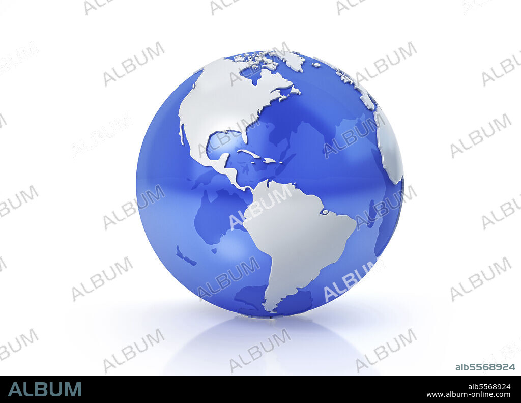 Stylized Earth globe, Americas view with grey continents and transparent seas to reveal continents on the other side.