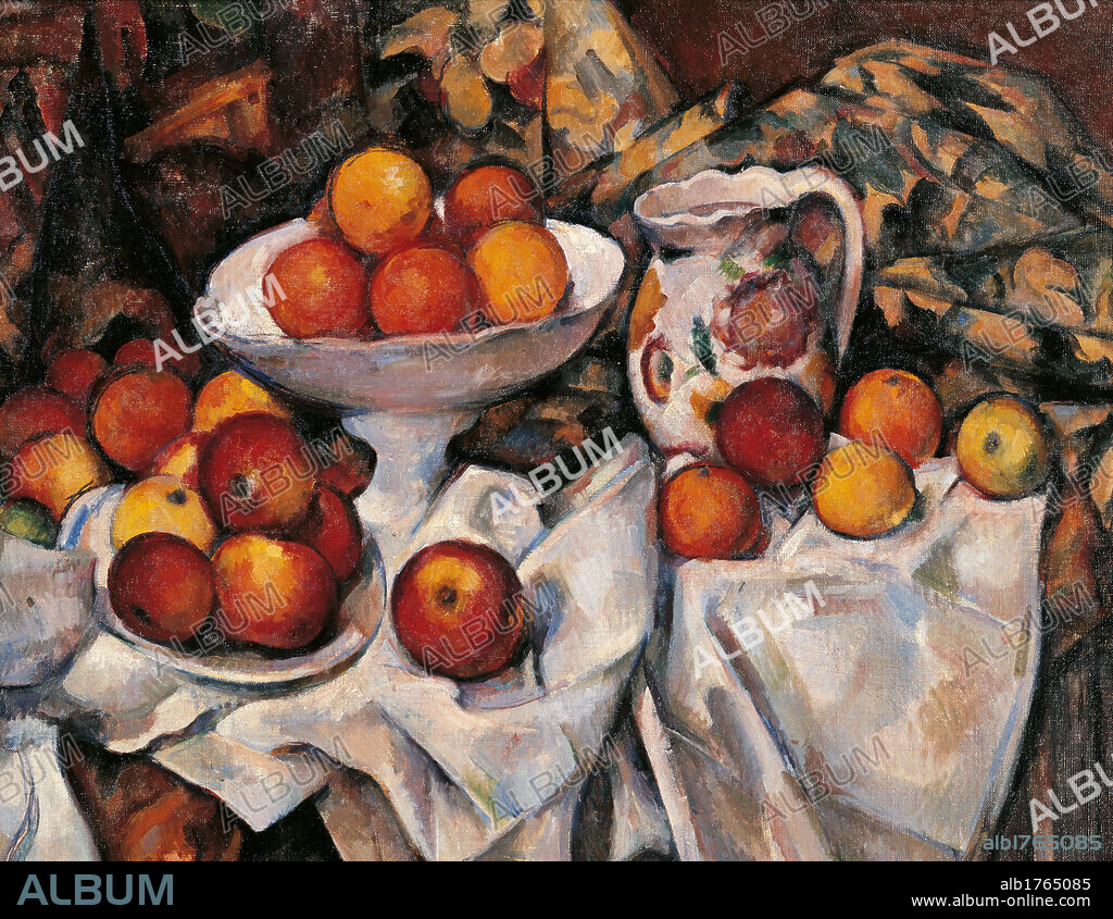 Apples and Oranges, by Paul Czanne, 1895-1900, 19th Century, oil on canvas, cm 61 x 50. France, Ile de France, Paris, Muse dOrsay, R.F. 1972. Detail. Apples oranges table table cloth orange brown pot jug.