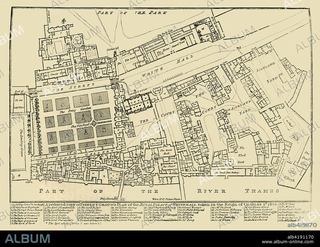 'A reduced copy of Fisher's Ground Plan of the Royal Palace of Whitehall, taken in the Reign of Charles 2d. 1680', (1881). John Fisher's map of the Palace of Whitehall in the village of Westminster (now part of London), in the 17th century. Locations and features shown include orchards, the Great Hall, the Privy Garden, Scotland Yard, and the River Thames. The palace later burned down, and the Houses of Parliament now stand in the area on the left. From Old and New London: A Narrative of Its History, Its People, and Its Places. Westminster and the Western Suburbs, by Edward Walford, Vol. III. [Cassell, Petter, Galpin & Co., London, Paris & New York, 1881].