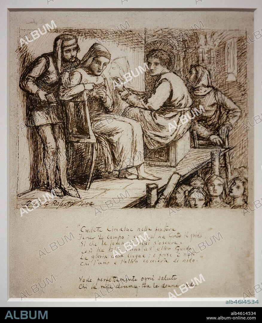 Study for "Giotto painting Dante's portrait",(1852) by Dante Gabriel Rossetti (1828-1882); ink on paper.