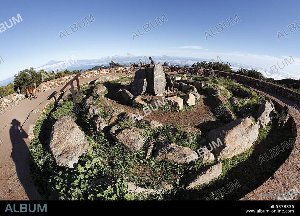 Reconstruction of a ceremonial site of the Guanches, aboriginal inhabitants of the Canary Islands, summit of Garajonay mountain, highest peak of La Gomera island, Tenerife island at the back, La Gomera island, Canary Islands, Spain, Europe