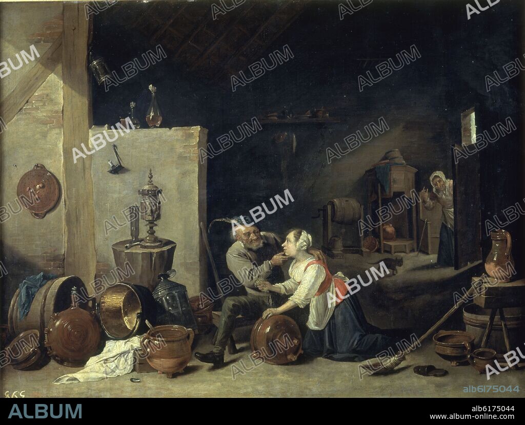 DAVID TENIERS EL JOVEN. EL VIEJO Y LA CRIADA - SIGLO XVII - OLEO/COBRE - 49x64 cm - BARROCO FLAMENCO - NP 1800.