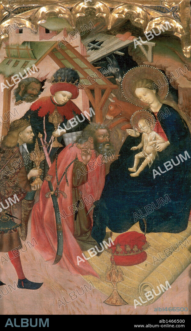ARTE GOTICO. ESPAÑA. JOAN ANTIGO. S. XV. "RETABLO DE LA VIRGEN DE LA ESCALA". Obra documentada entre 1437 y 1439. Detalle de la 'TABLA DE LA EPIFANIA'. Monasterio de Sant Esteve de Banyoles. Provincia de Girona. Cataluña.